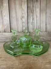 Vintage Art Deco Lime Green  Glass Dressing Table Vanity Set, Green Glass