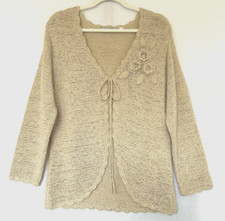 Elizabeth Scott Cardigan XL Oatmeal Beige Scallop Edges Tassel Floral Appliqué