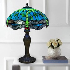 Tiffany Green Dragonfly Style Table Lamp 16 inch Stained Glass Shade Multicolor