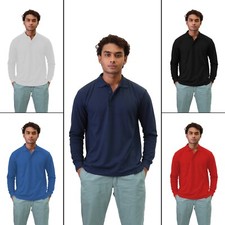 Mens Long Sleeve Polo Shirt Cotton Blend Collared Top Pique T Shirt M-2XL