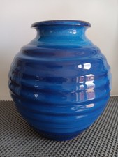 BLUE GLAZED RIBBED TERRACOTTA VASE