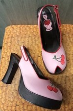 Vintage T.U.K.  Platform Sling-Back Shoes - Size 7(40) - Pink/Cherries 🍒.