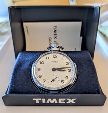 Vintage Gt Britain Chrome Timex Sub Dial Pocket Watch Box + Papers NOS