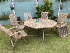 Luxury teak octagon table 6 folding Reclining arm chairs garden patio dining
