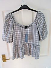 NEW LOOK SIZE 12 TOP BLACK Check Sweetheart Puff Sleeve Peplum BLOUSE