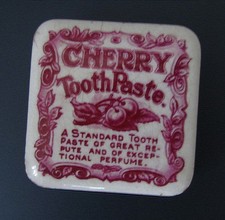 Vintage Cherry Tooth Paste, Square Pot Lid. Red Print
