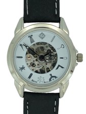 Silver Tone Mechanical Wind Up Freemason Masonic Leather Wrist Watch by WESTIME