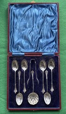 Antique 1901 Set Sterling Silver 6 Tea Spoons, Sugar Tongs, Sifter Spoon Cased.