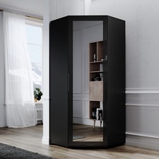 Modern High Gloss Corner Wardrobe Storage Cupboard with Mirror 2 Hanging Rails