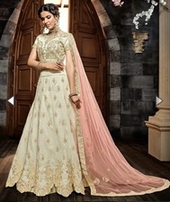 Indian bridal two piece skirt 28” waist top 38in Cream Gold Silk  lehenga