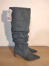 Zara Blue Denim Ruched Knee High Boots Size 5 38 Best Fit Size 4 - 5 Kitten Heel