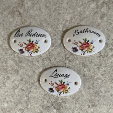 3 Porcelain Vintage Door Plaques/plates - Floral - Bedroom, Lounge & bathroom