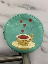 New Vintage Tula Women's Leather Coin Purse Cup Of Tea & Cakes Aqua Green Red