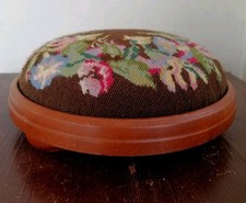 Vintage Small Round Wooden Foot Stool Floral Needlepoint Upholstery 70s Used