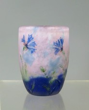 ANTIQUE DAUM CAMEO GLASS ENAMEL CORNFLOWERS MINIATURE VASE