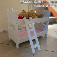 Large White Wooden Doll Bunk Bed Cot Crib with Ladder &Bedding Set Kids Toy Gift
