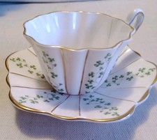 Vintage 1960s Royal Tara Fine Bone China Tea Duo Set  SHAMROCK & RIBBED Design