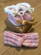 Crochet Handmade Baby Girl Booties Size Newborn (8cm) Matching Headband Gift Set