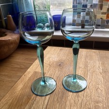 Pair Blue Uranium manganese Tall Stemmed Wine Glasses Glow Unusual Rare