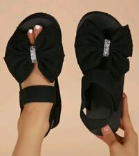 Black Diamante Bow Wedge Platform Peep-toe Slingback Strappy Sandals Size 5