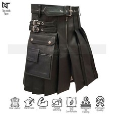 Men's Genuine Cow Leather Kilt Scottish Pleated Cargo Pocket LARP Clubwear Black