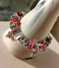 Ladies Chamilia 925 Silver/Gemstone Red/White Christmas 16 Charm Bracelet