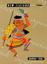 Vintage Qantas  Flights to New Zealand Airline Poster A3/A4 Print