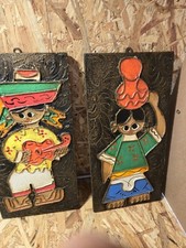 Set Of 2 Mexican Folk Art Wood Wooden Wall Plaques Big Eyes
