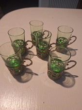6 Vintage Green Glass & Silver Plastic Handles Liqueur Cordial Glasses