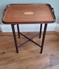 Antique Mahogany Satinwood Sheraton Revival Inlaid Butlers Tray & Folding Stand