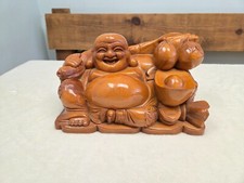 Chinese Style Hand Carved Wooden Laughing Sitting Buddha Figure 10"x5"