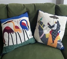 Vintage Handmade Cushions Appliqué Arabic Egyptian Pair Feather Down 40 X 43cm 