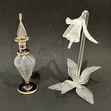 Opaque Glass Flower Ornament & Clear/Cobalt/ Gold Perfume Fragrance Bottle