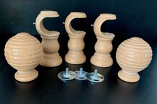 2 BALL FINIALS & 3 BRACKETS + FIXINGS FOR WOODEN CURTAIN POLE 11cm /32mm DIAM