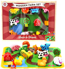 Wooden Farm Animals Set Wood Learn Thread Shapes Baby Toddler 18m+ Toy Retro Fun