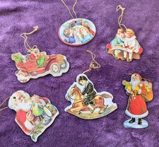 6 X VICTORIAN VINTAGE CARDBOARD HANGING XMAS TREE DECORATIONS SANTA & CHILDREN