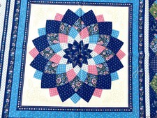 Vintage Blue Rosette Quilt Panel, Cream Background Cotton Fabric 112×88cm