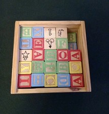 Toy - 48 Wooden Alphabet, Numbers & Picture Blocks with Wooden Storage Box