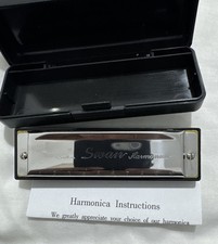 Swan Harmonica Black Plastic & Silvertone Metal w Original Snap Case 