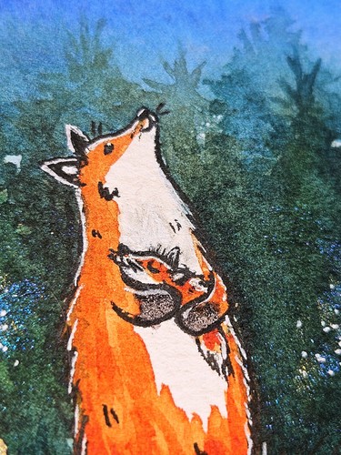 Fox moon star watercolour art - fox,
