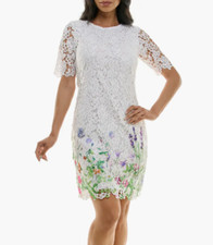 Nina Leonard Floral Border Elbow Sleeve Lace Sheath Dress new medium QVC bxc