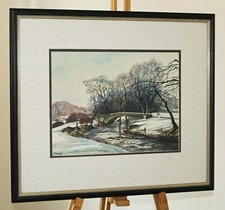K WOOD (20th Century) Watercolour Painting Packhorse Bridge in Winter Landscape