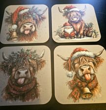 Set of 4 Funny Christmas Highland Cow Coasters, cute, Scotland, Farm animals,