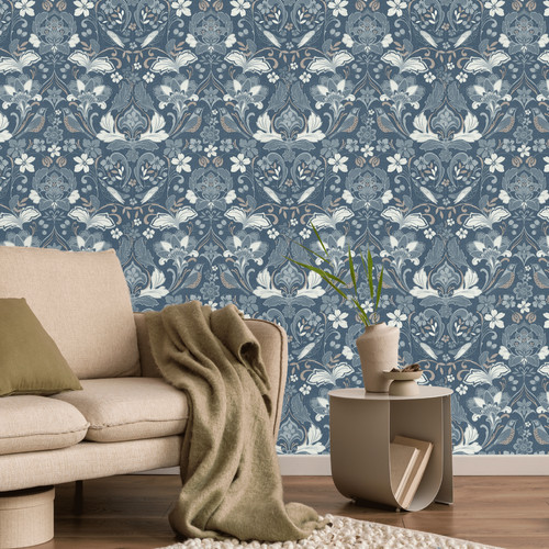 Navy floral damask - navy,