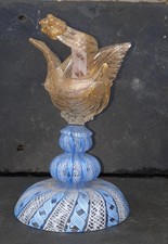 Fine Venetian Salviati Gold Adventurine Swan on a Blue & White Latticino Stand