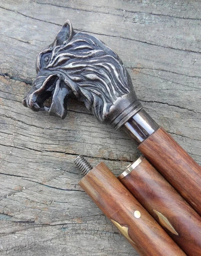 Wolf head wooden walking stick - head,
