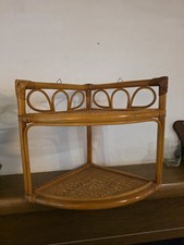 Vtg Rattan Bamboo Cane Corner Wall Shelf Rustic Boho Decor Trinket Display