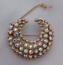 Vintage Costume Crescent Moon Aurora Borealis Crystal Brooch In Goldtone Metal