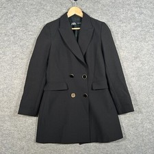 Zara Blazer Womens Small Black Double Breasted Long Dress Collared Jacket Coat