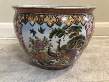Large Oriental Plant Pot H24cm W32cm Depicting Birds & Fish Decorative Planter